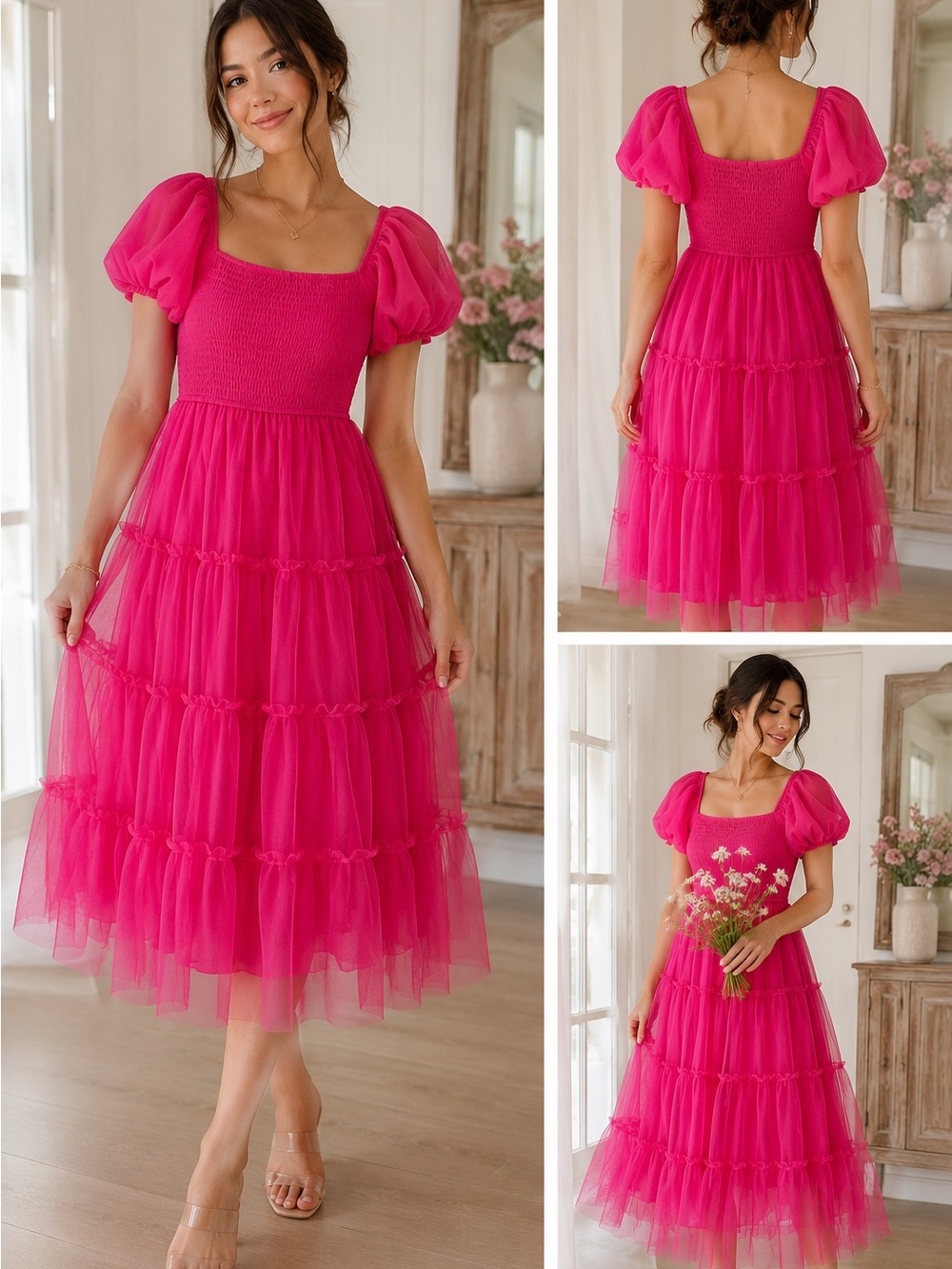 PrettyGarden Hot Pink Puff-Sleeve Tulle Midi Dress